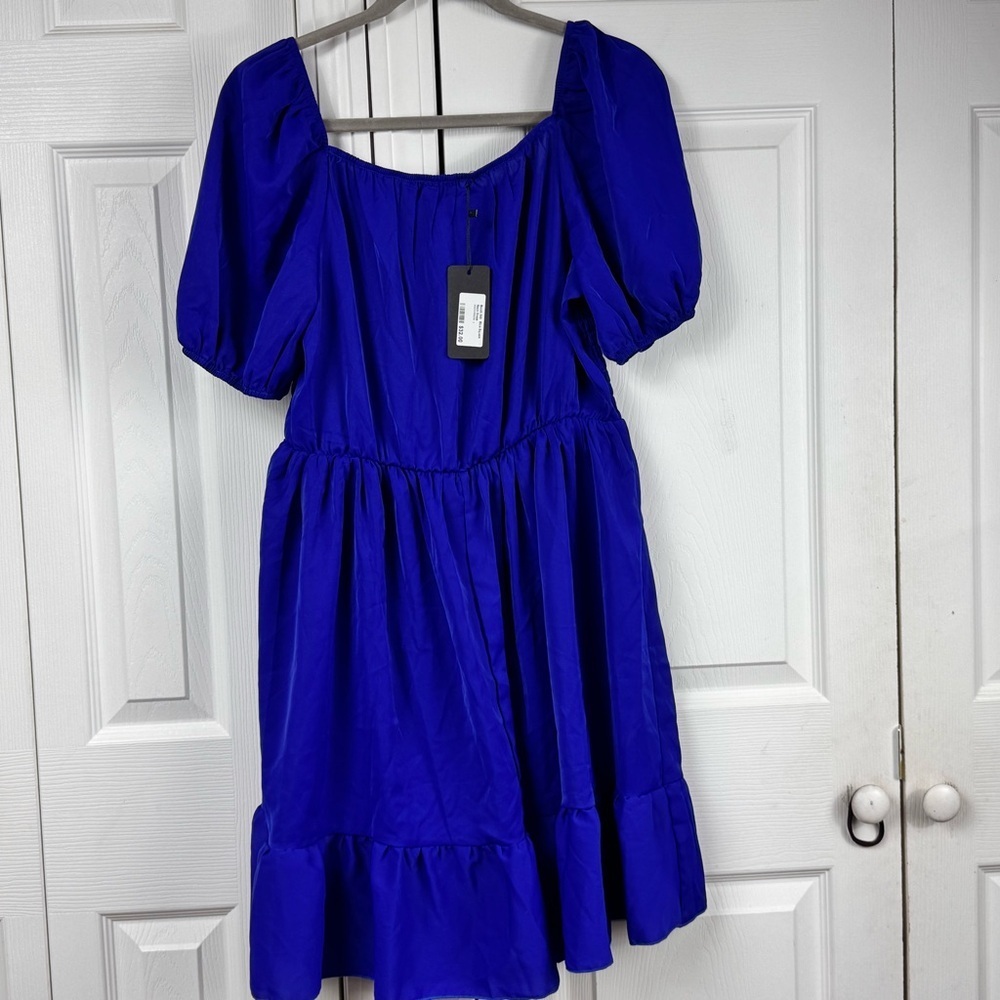 NWT Blue Smocked Off Shoulder Dress Large Stretchy Boho Mini - Picture 6 of 8